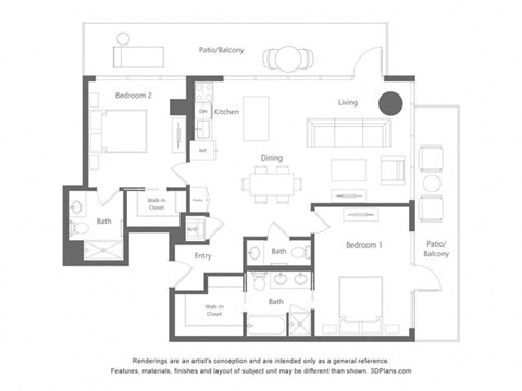 Floor plan for 2 beds, 2.5 baths, 1295 sqft